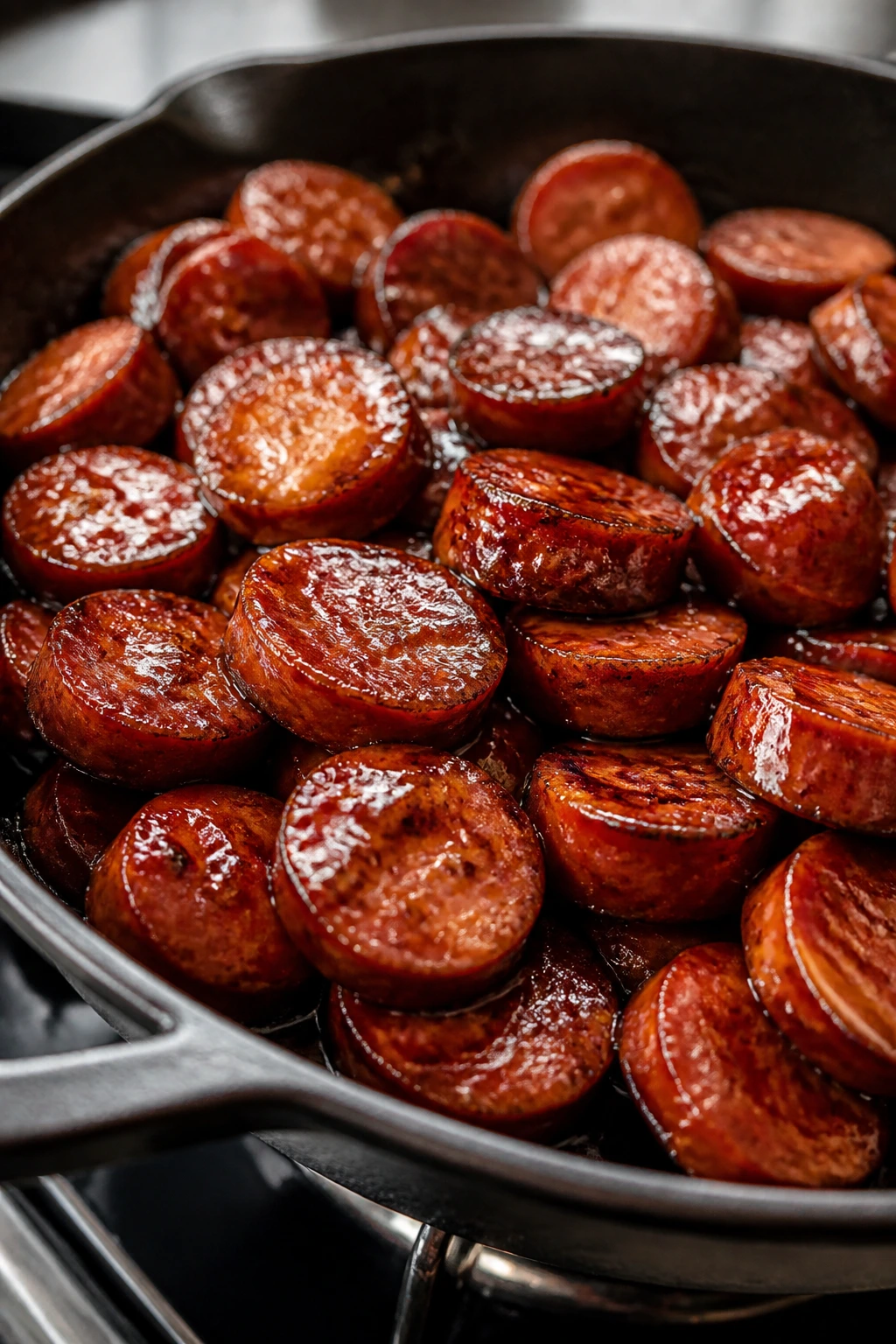 Sausage with glossy glaze in a skillet