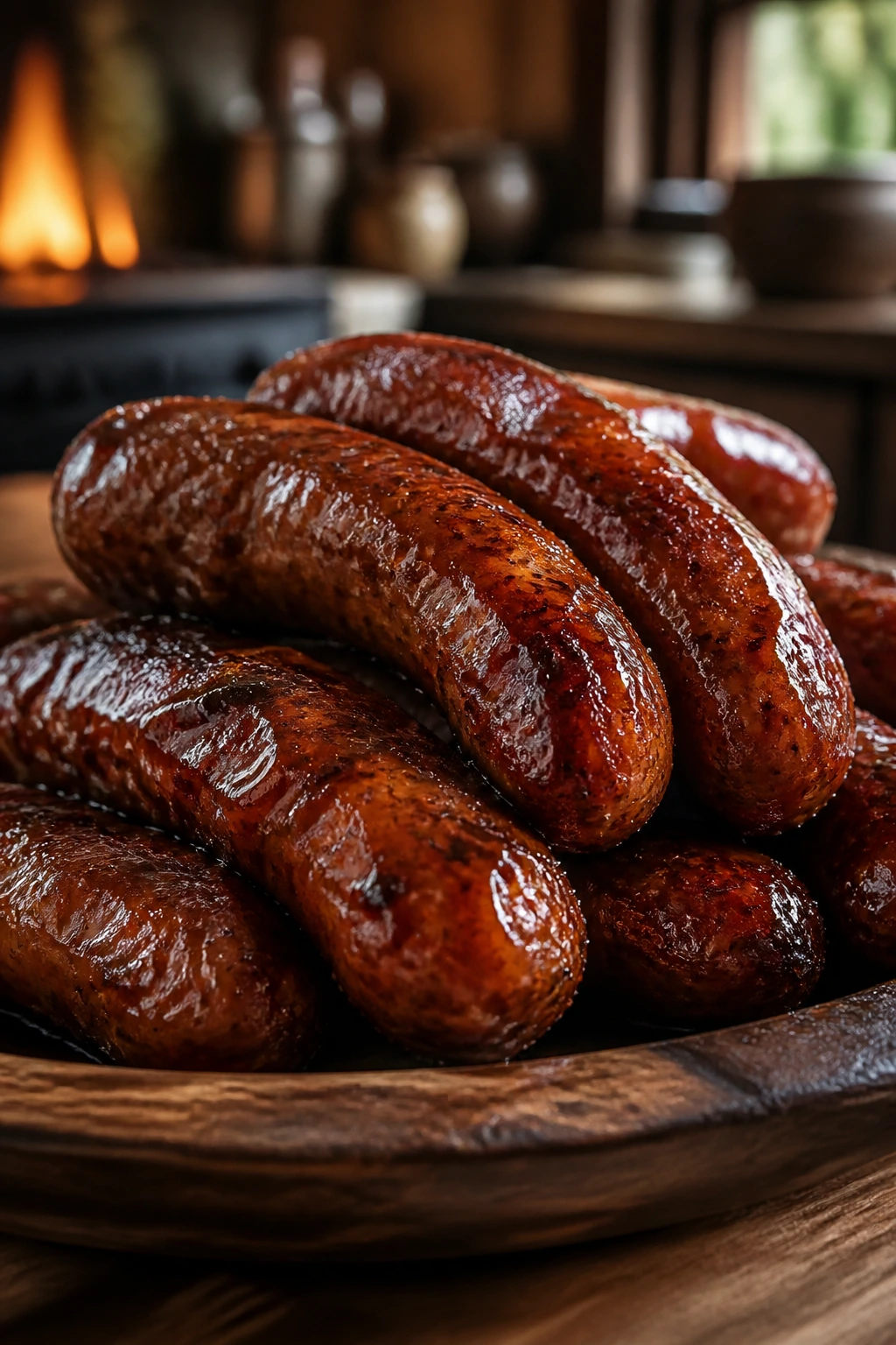 Hot glazed sausages on a platter ready to serve, glossy glaze