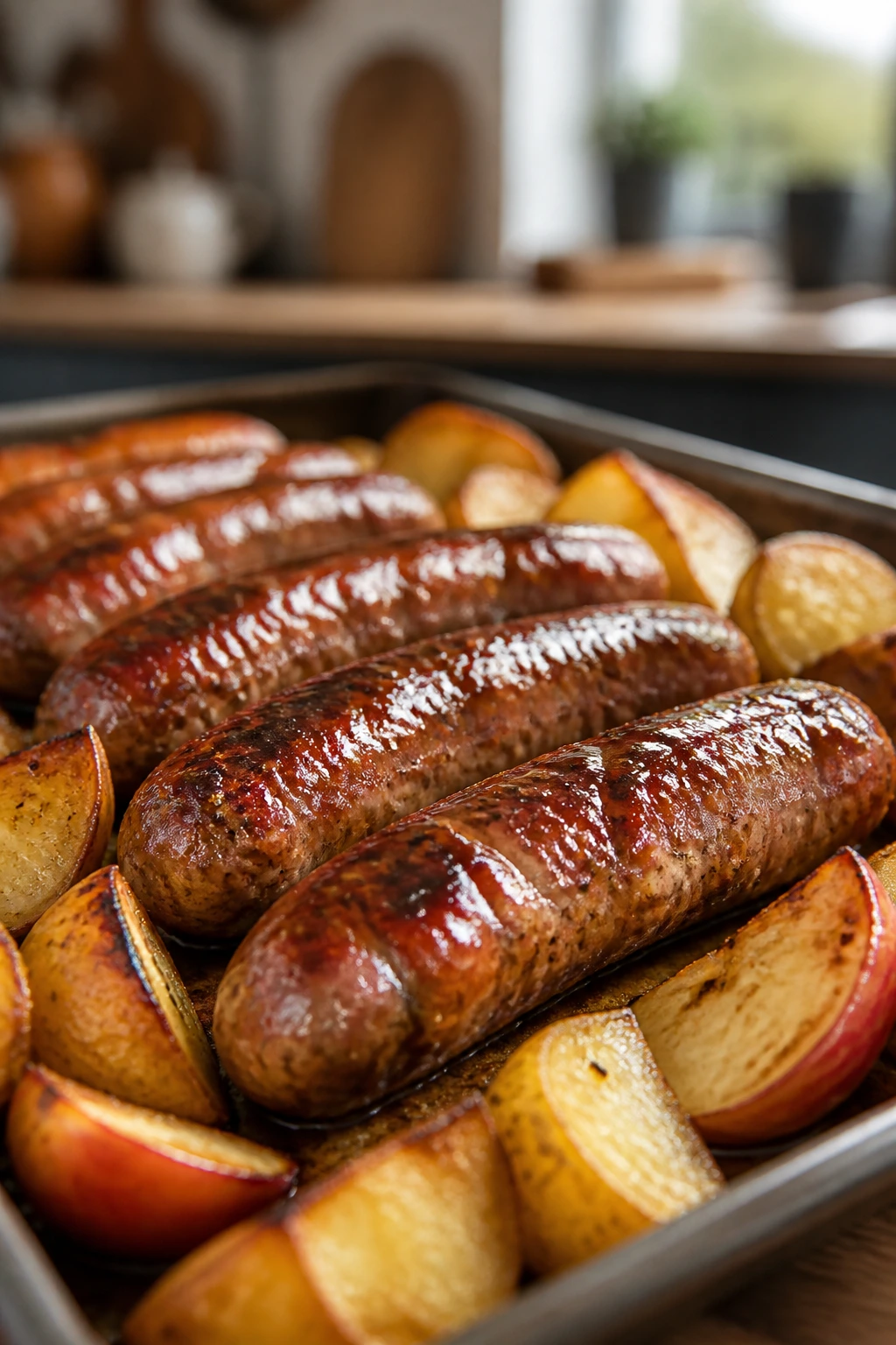 Close-up of glossy glazed sausage links with browned potatoes and apples on a sheet pan