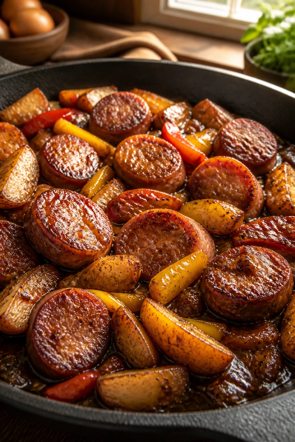 Close-up of browned sausage with glossy glaze in a skillet, with potatoes and peppers