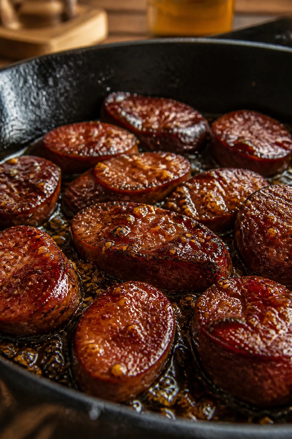 Close-up of glossy browned sausage slices with caramelized glaze in a cast-iron skillet