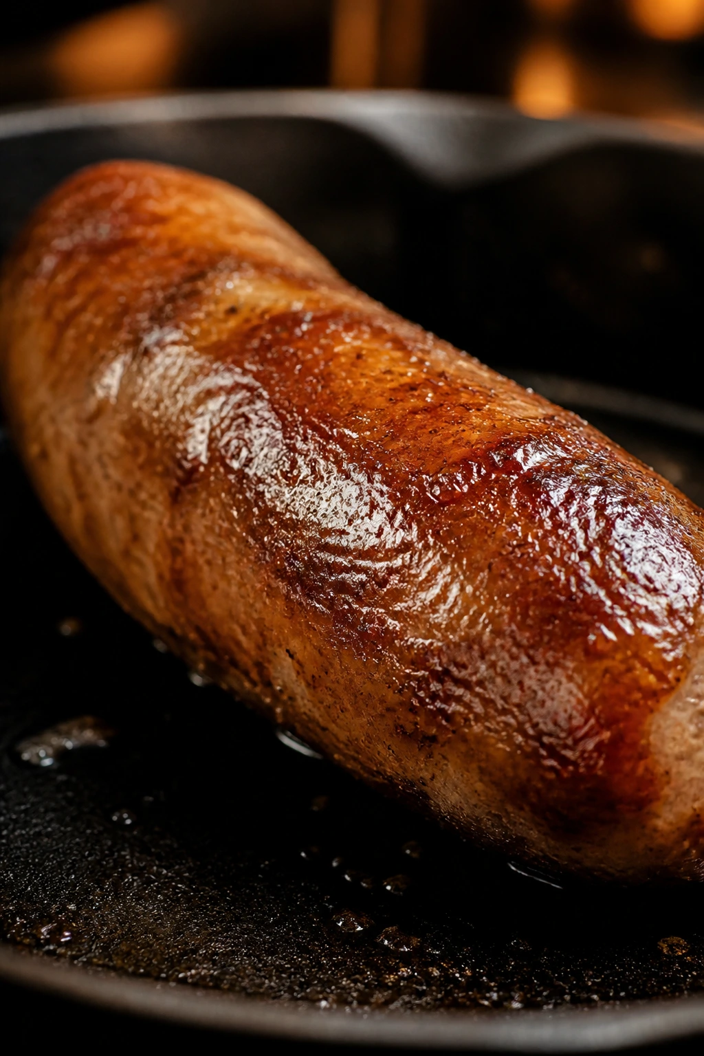 Close-up of a glossy glazed sausage in a skillet