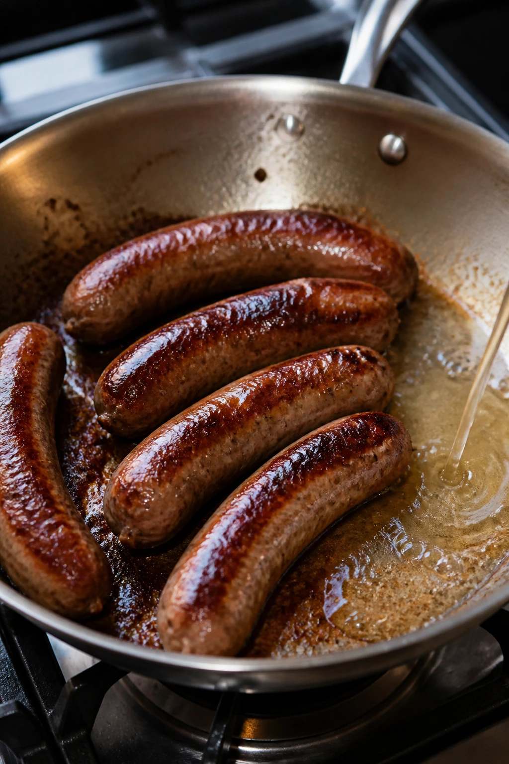 Close-up of browned sausage in a skillet with broth on a stove