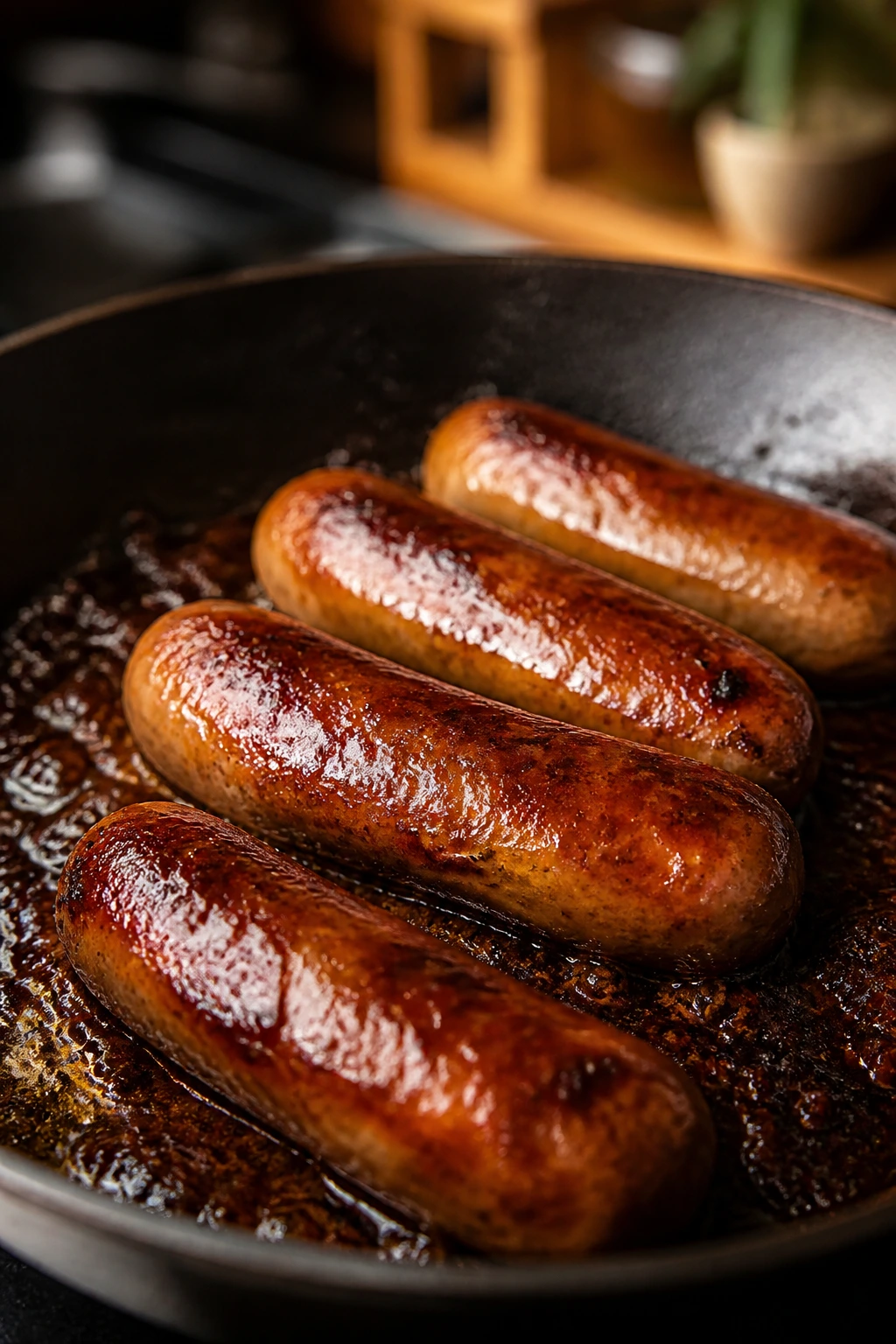 Close-up of sausage in skillet with glossy glaze and browned bits