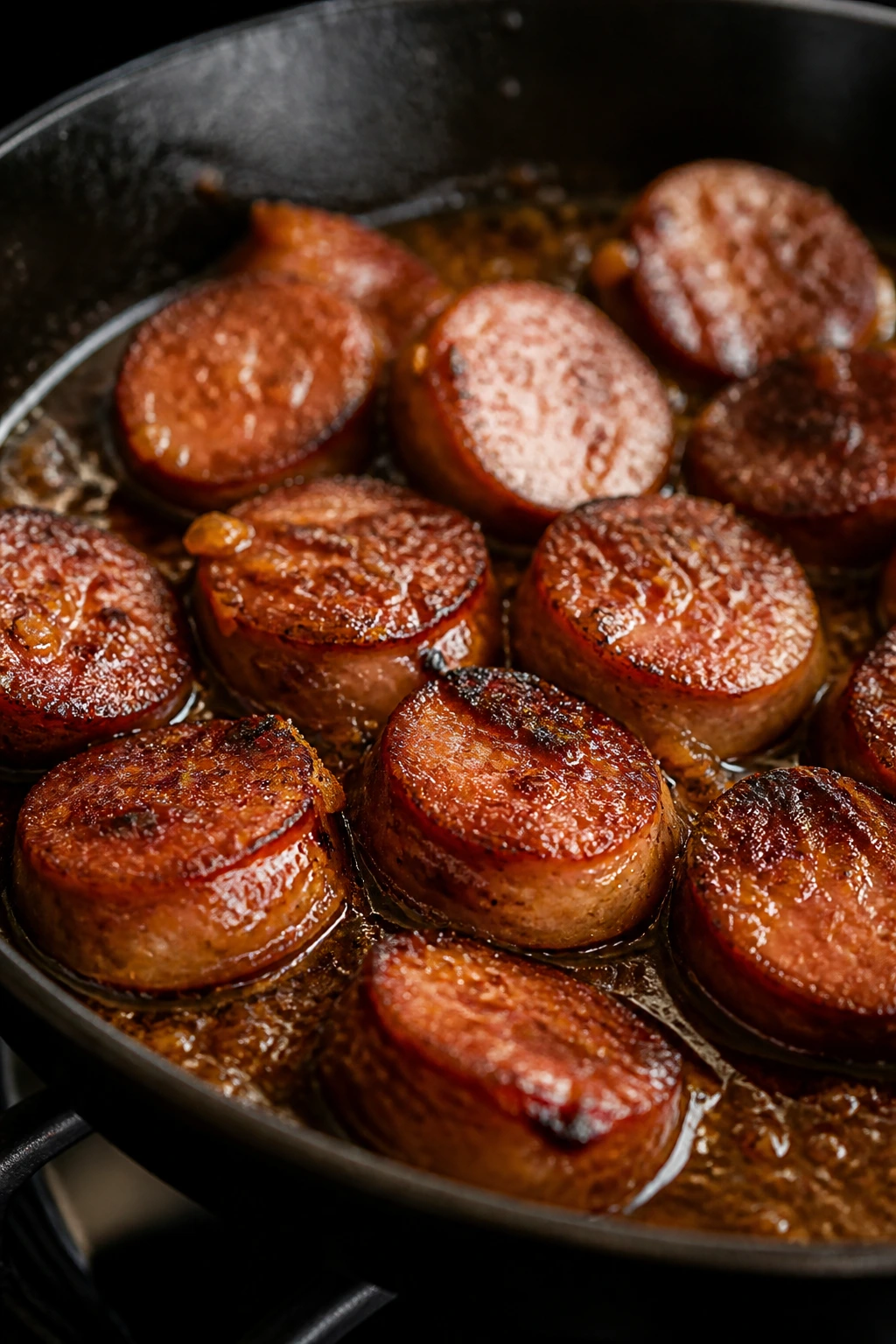 Sausage browning with glossy glaze in a skillet.