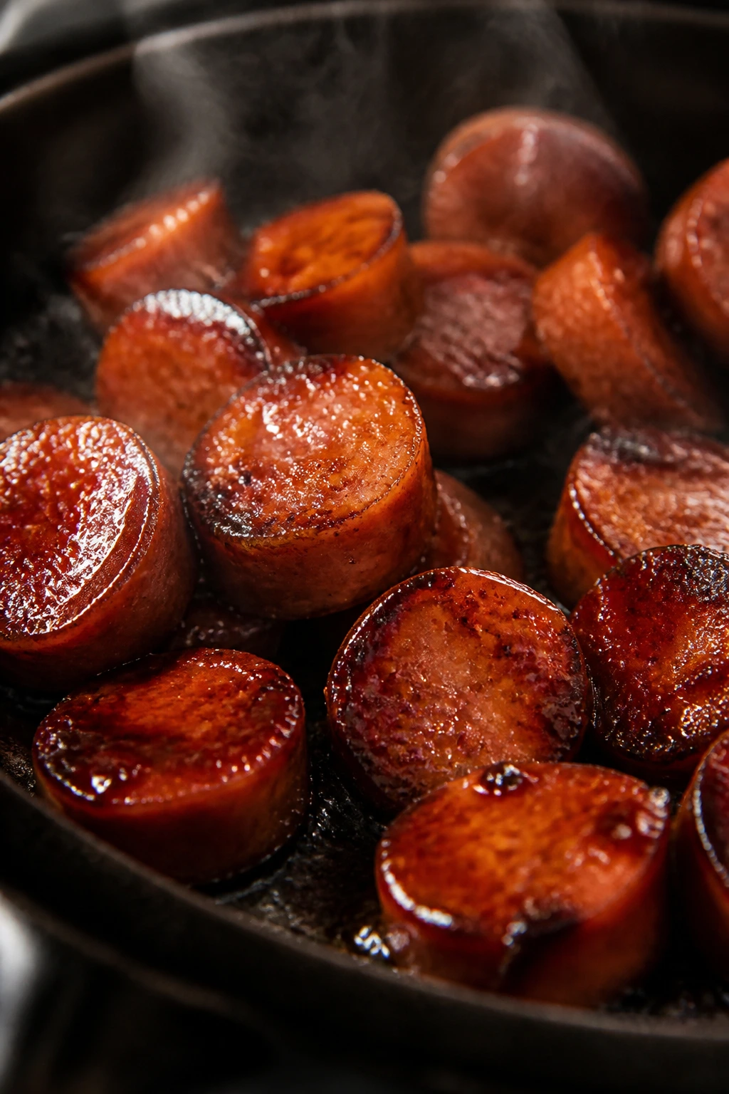 Glossy glaze on browned sausage slices in a skillet