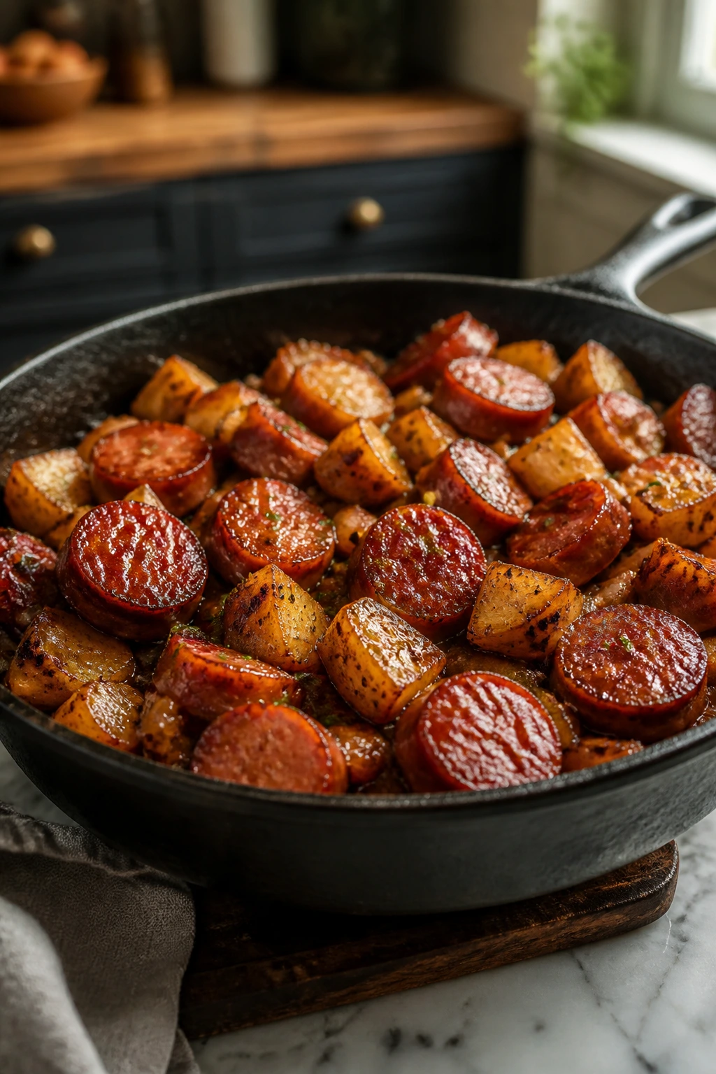 Sausage skillet nearing finish with glossy glaze in a warm kitchen