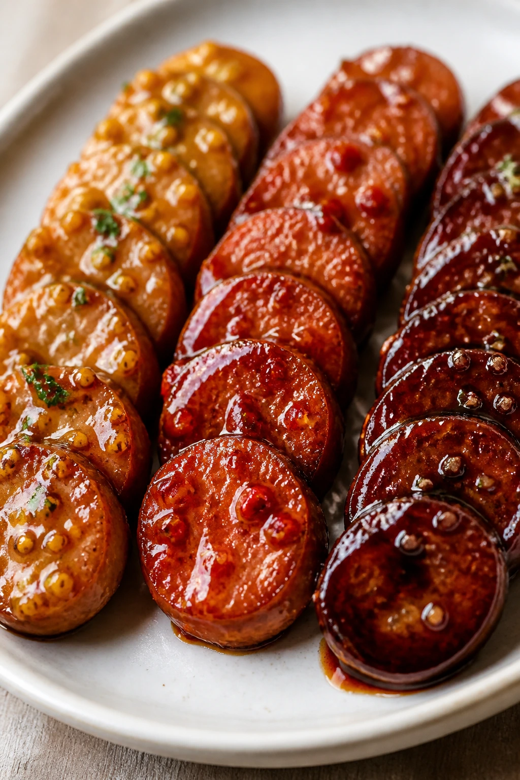 Three sausage coins with varied glazes showing flavor variations.