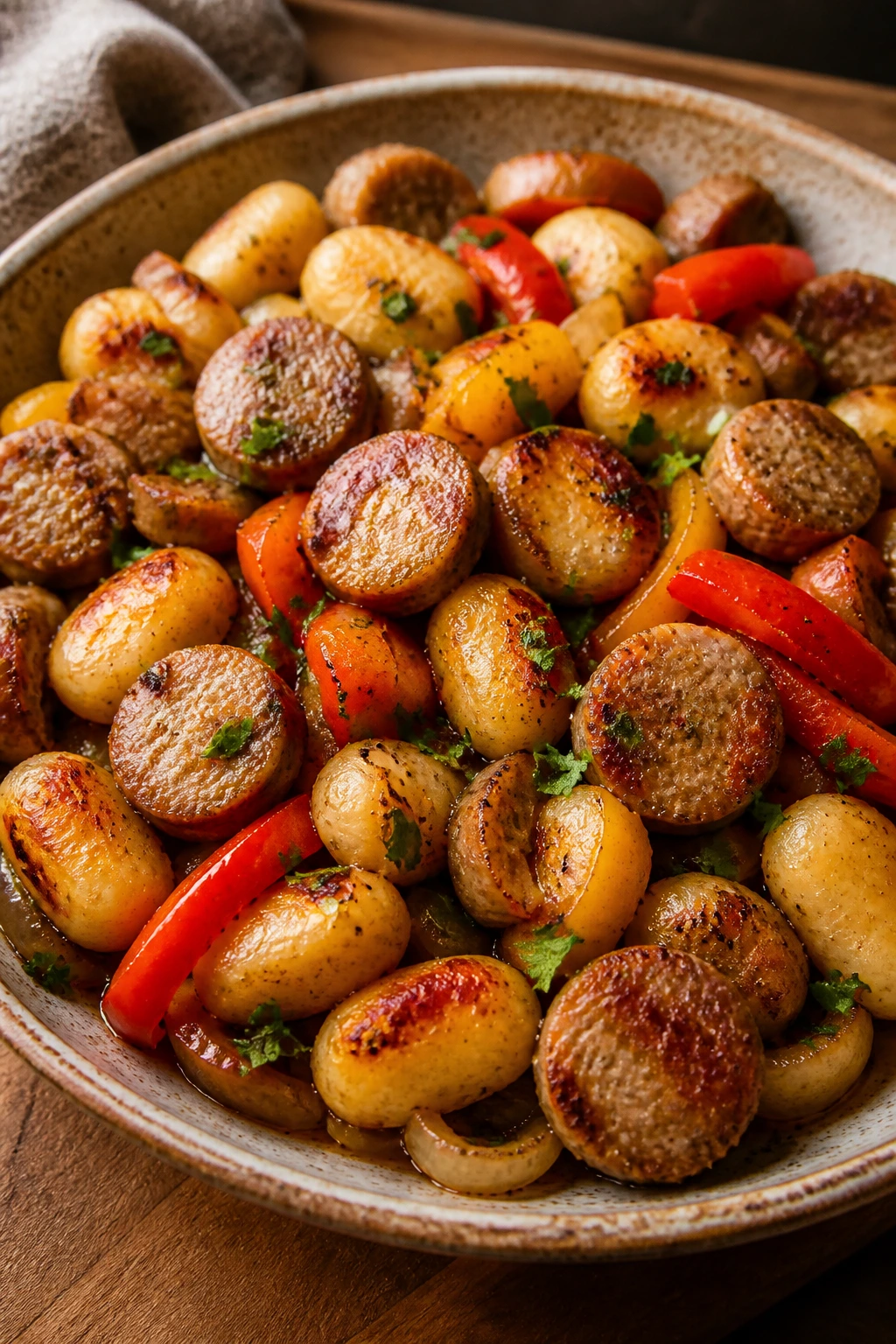 Sausage and gnocchi in a rustic dish