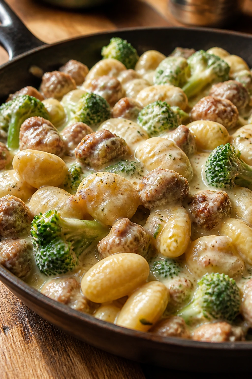 Creamy sausage broccoli Alfredo gnocchi in a skillet