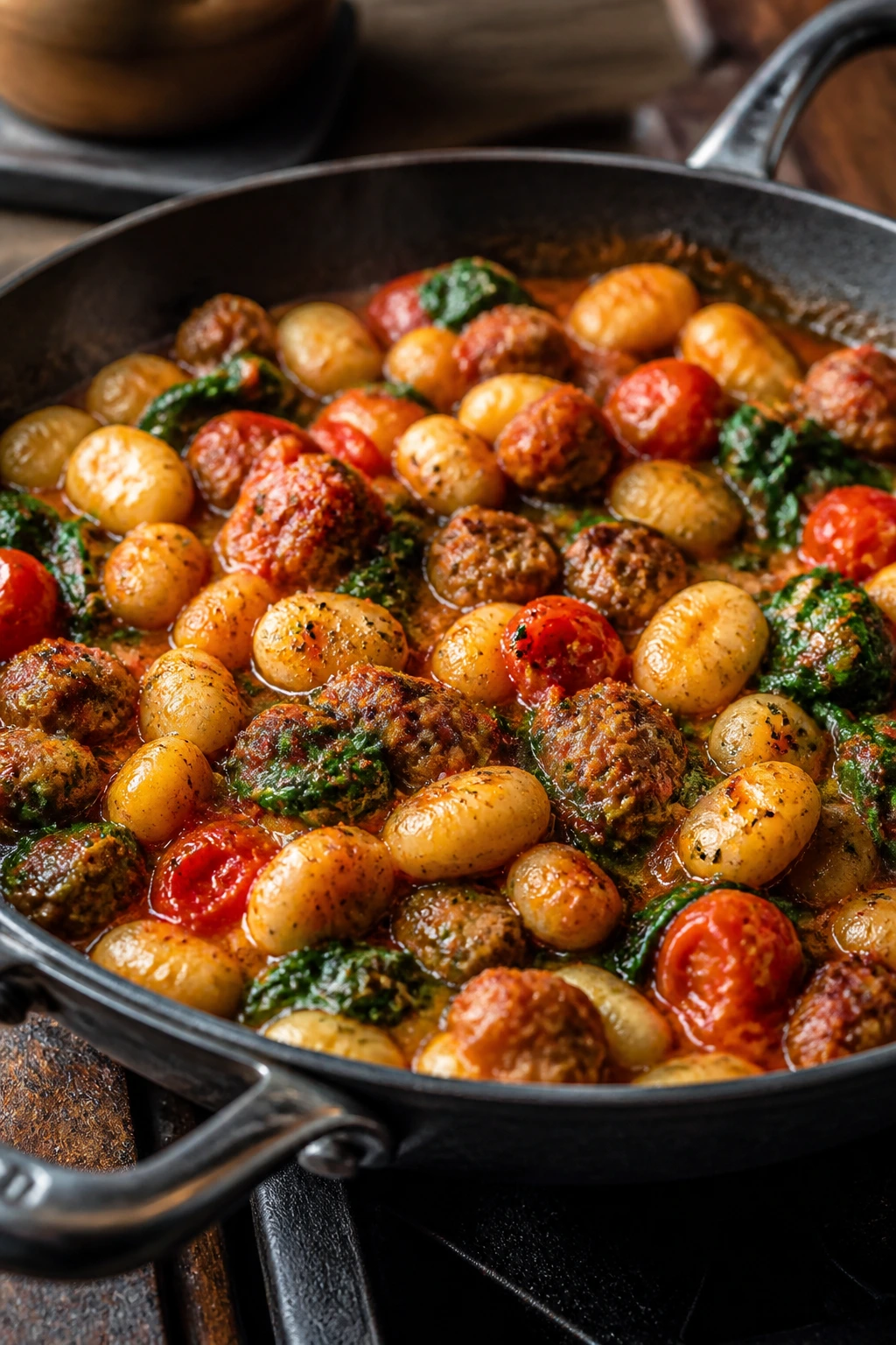Skillet with sausage, gnocchi, tomatoes and spinach