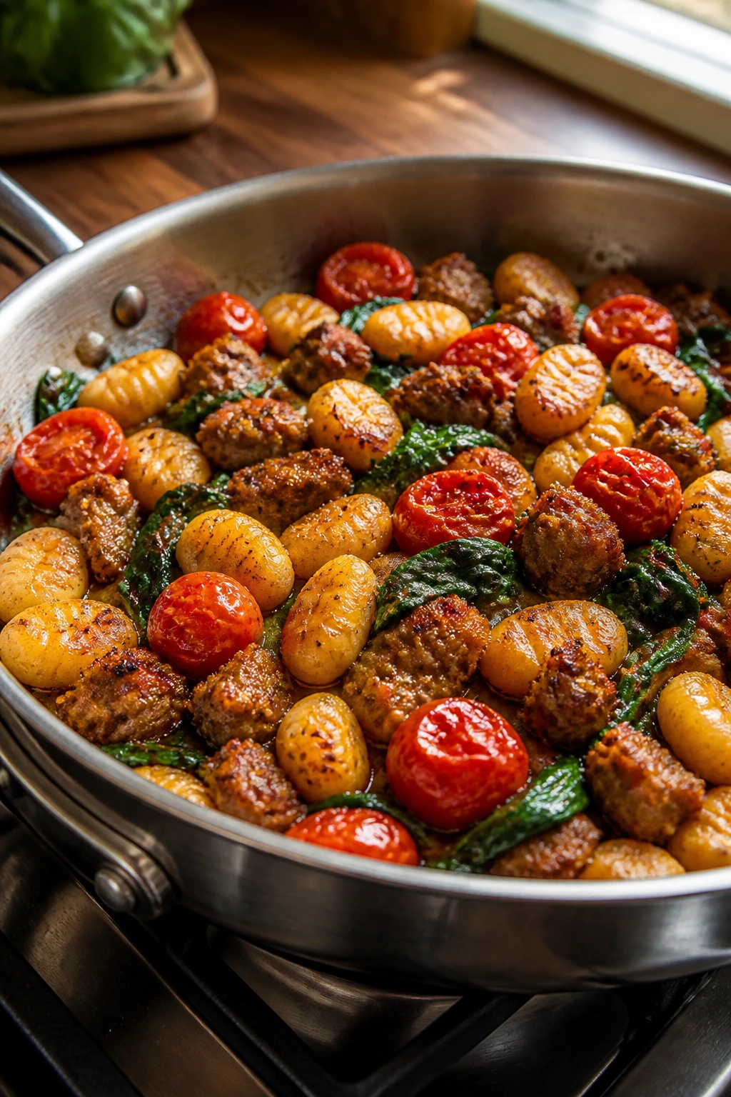 Close-up of sausage and gnocchi skillet with tomatoes and spinach in a hot pan on a kitchen counter