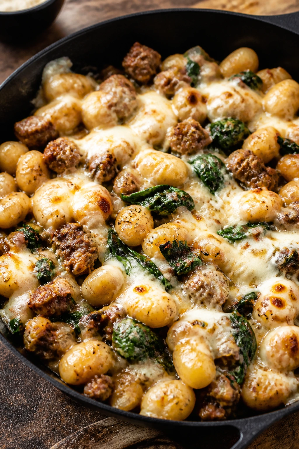 Skillet with sausage, gnocchi, spinach and mozzarella melting
