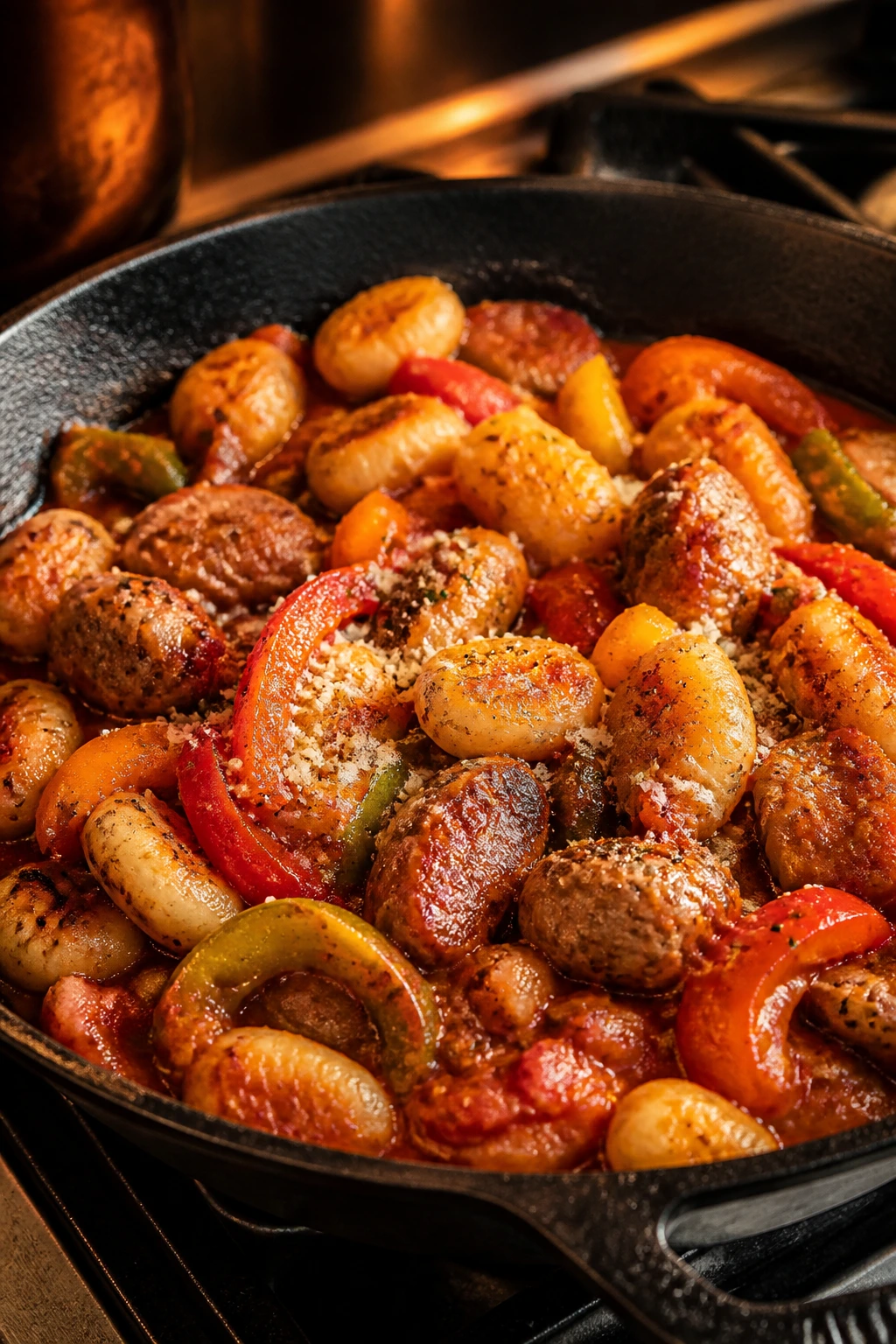 Sausage gnocchi skillet with peppers and sausage in a glossy sauce