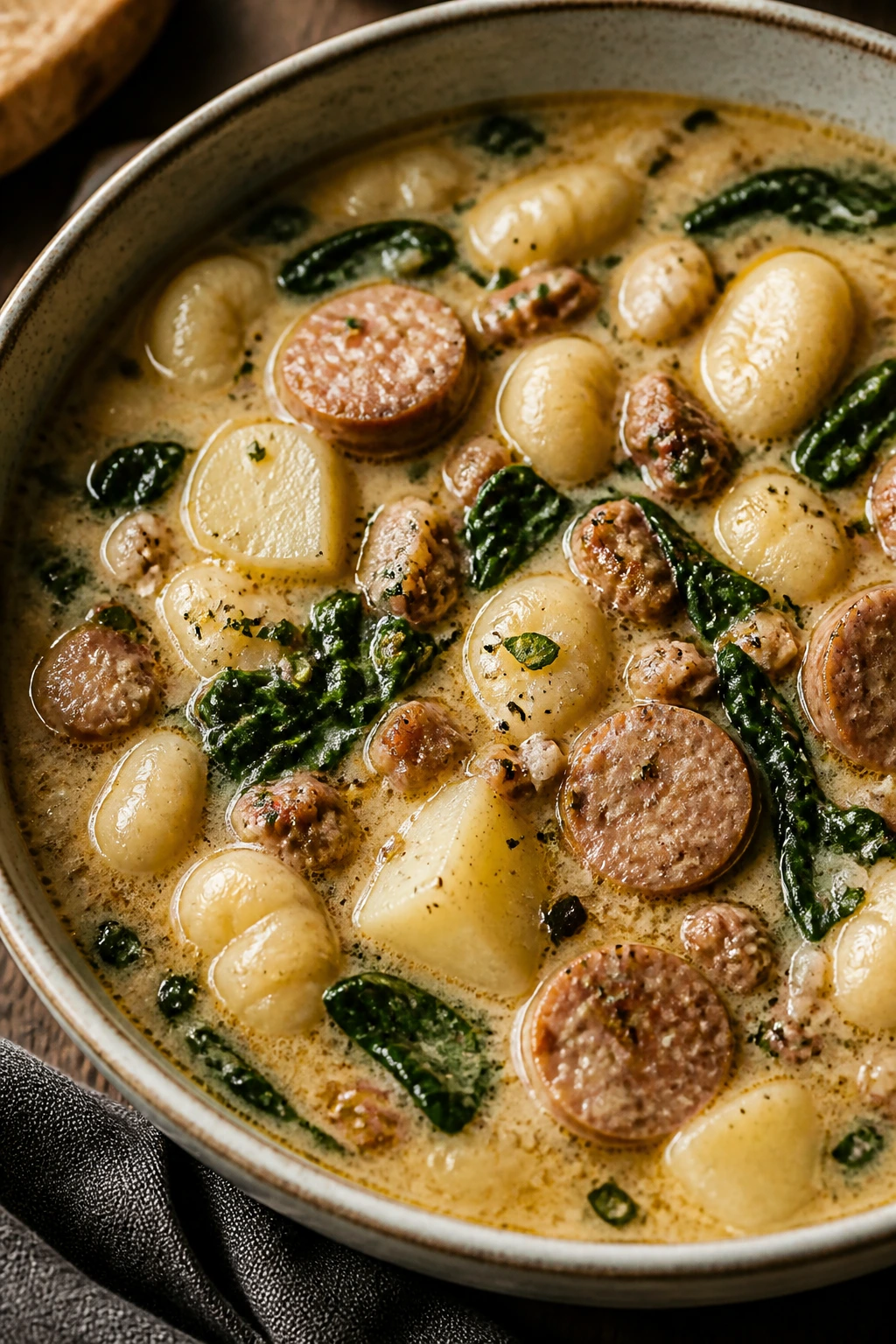 Steaming bowl of sausage, gnocchi, and potato soup with spinach on a wooden table