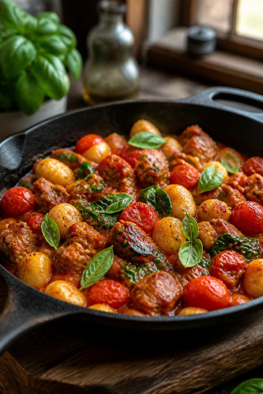 Close-up of sausage gnocchi in tomato sauce with basil