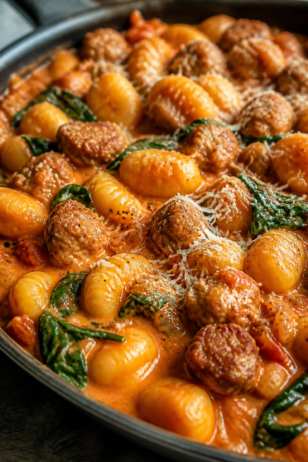 Close-up of sausage gnocchi in tomato cream sauce