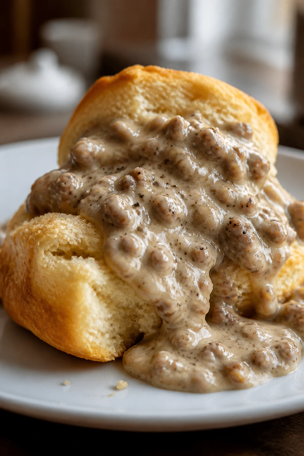 Close-up of a split biscuit with sausage gravy on a white plate