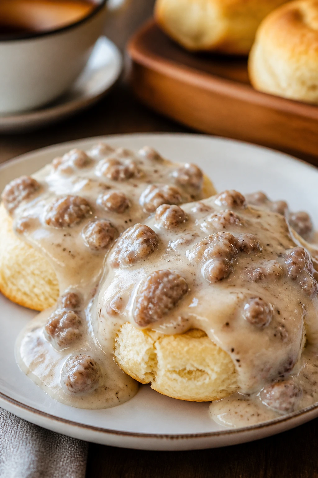 Biscuits with sausage gravy showing sausage pieces