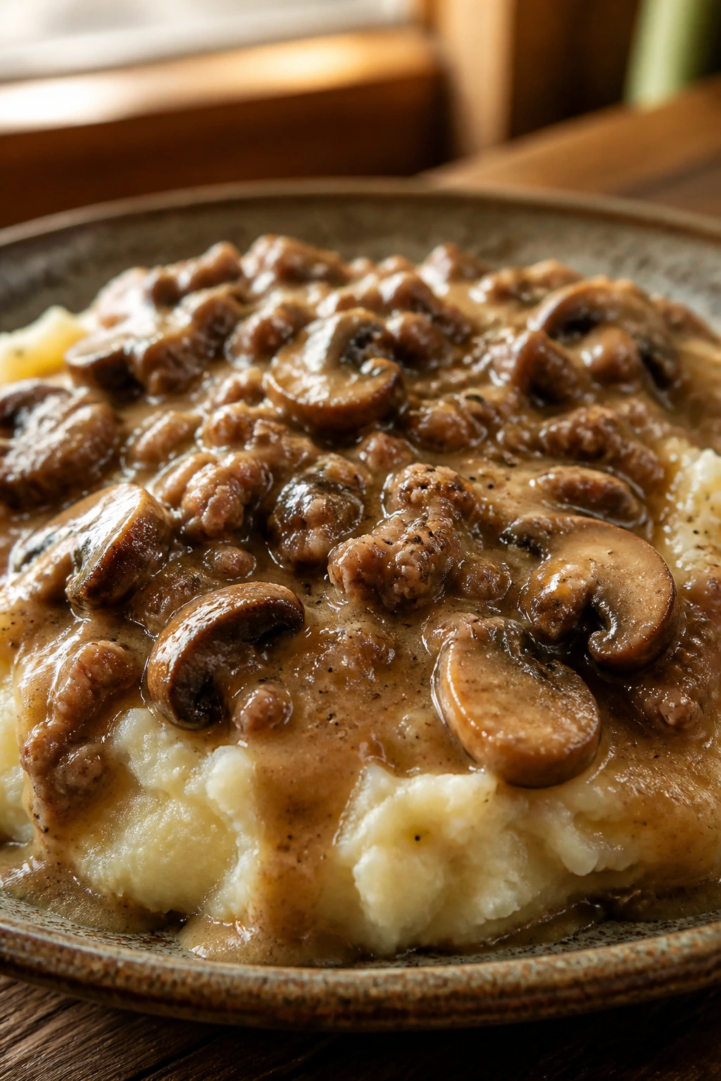 Close-up of mashed potatoes topped with sausage mushroom gravy