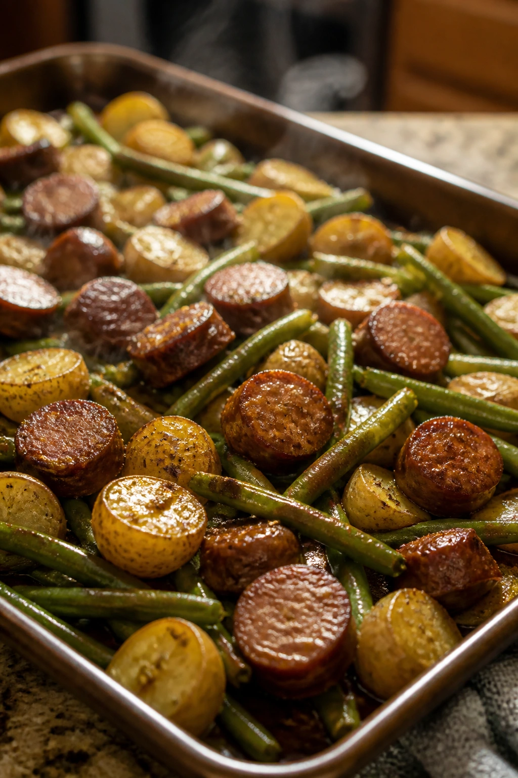 Sheet-pan bake of sausage, potatoes, and green beans straight from the oven