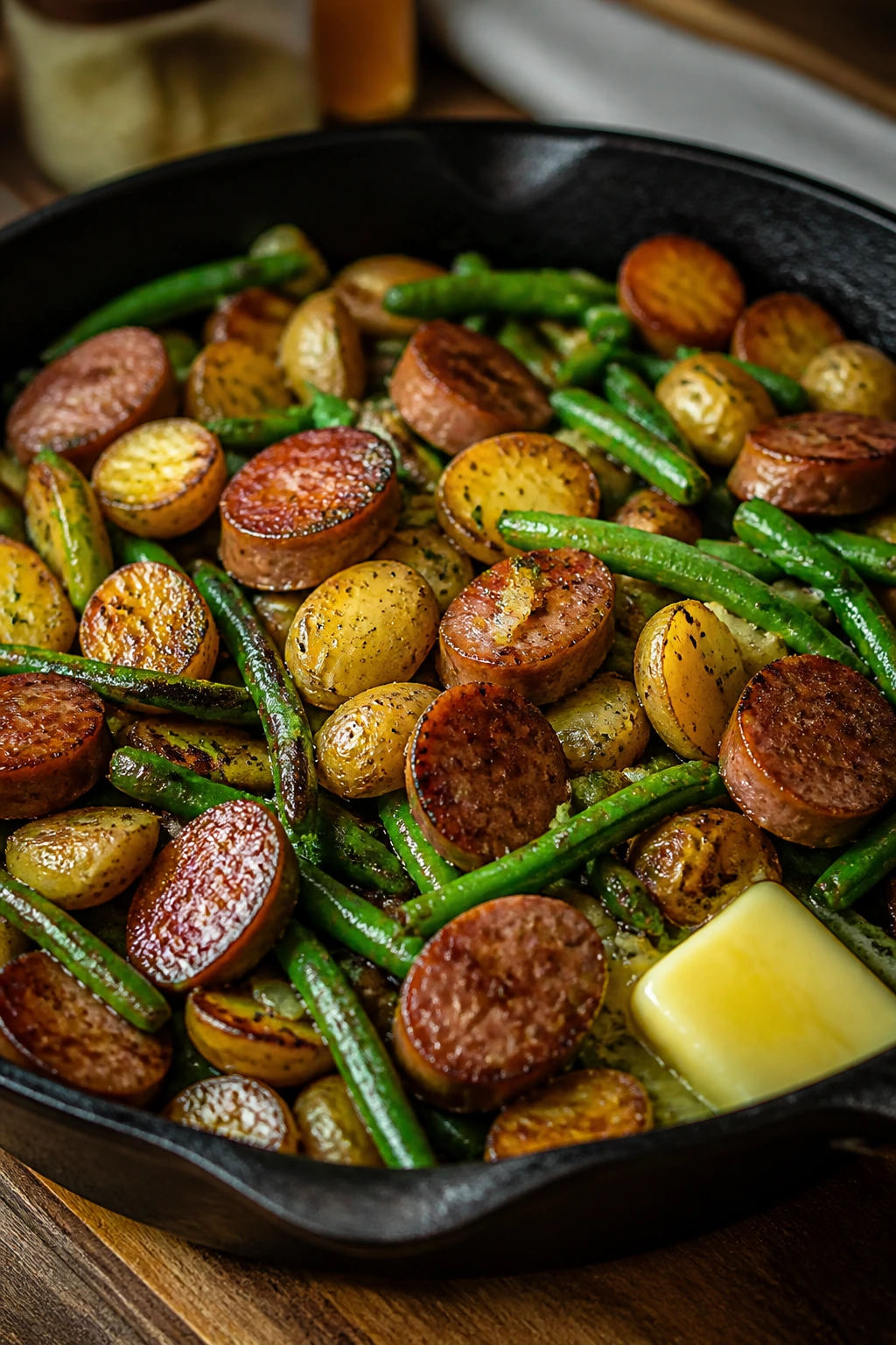 Skillet with sausage, potatoes, and green beans in home kitchen