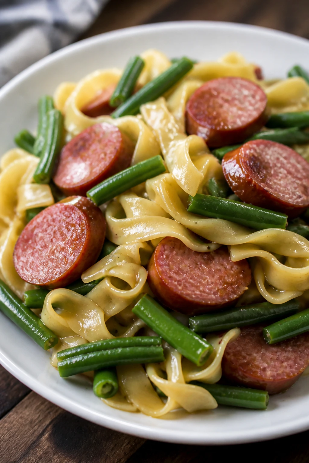 Plate of buttered noodles with green beans and smoked sausage