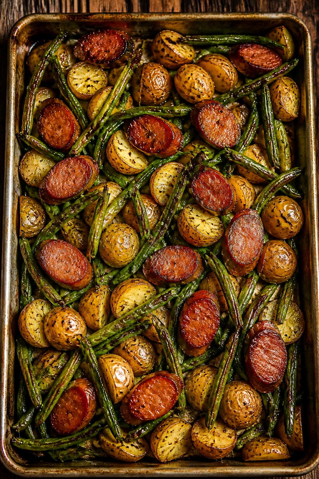 Sheet pan roast with smoked sausage, green beans, and baby potatoes