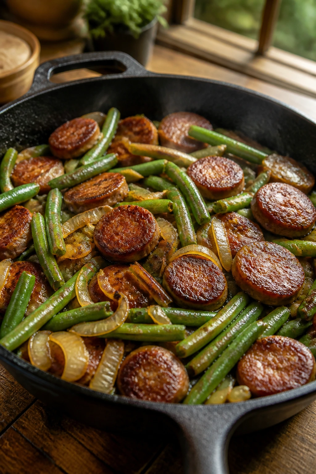 Close-up of Sausage and Green Bean Skillet with onions in a cast-iron pan