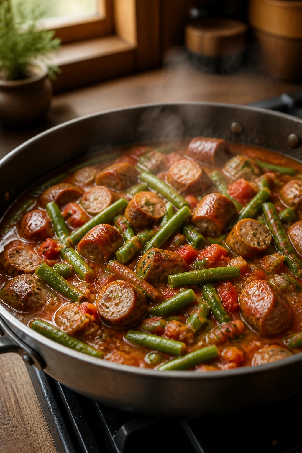 Sausage green beans in tomato braise in a skillet
