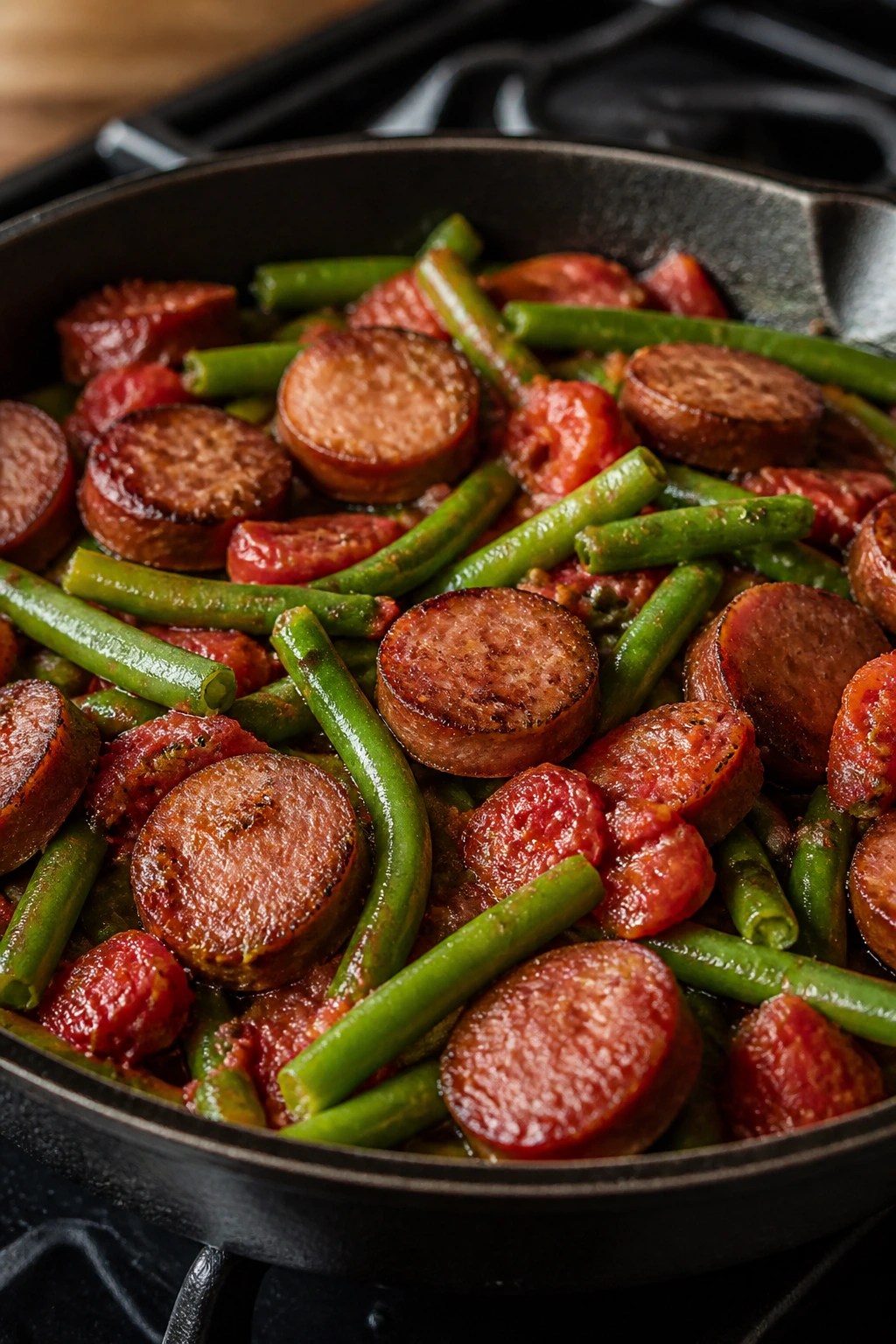 Close-up of smoked sausage with green beans and tomatoes in a skillet