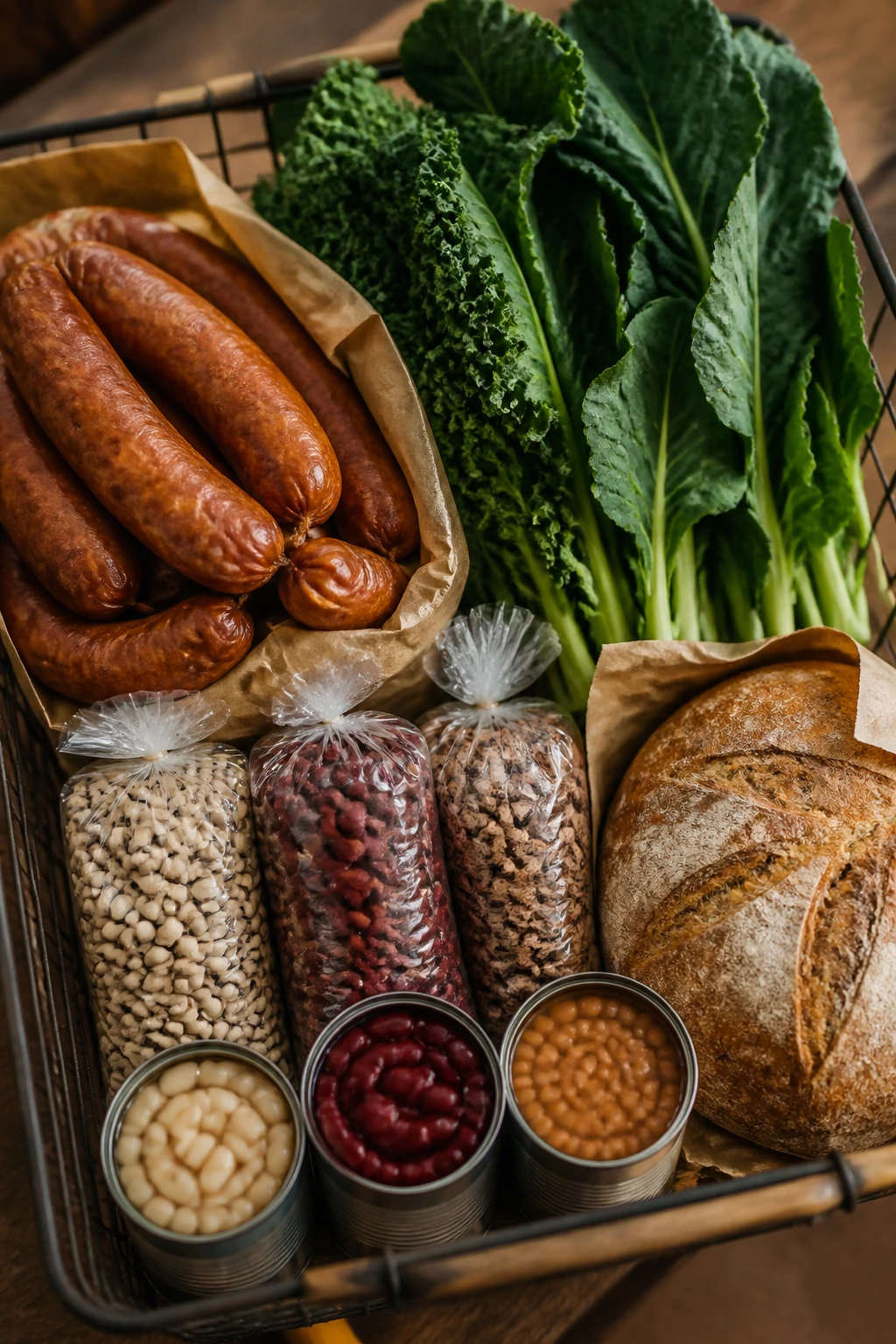 Market basket with smoked sausage, greens, beans, and bread ready for shopping