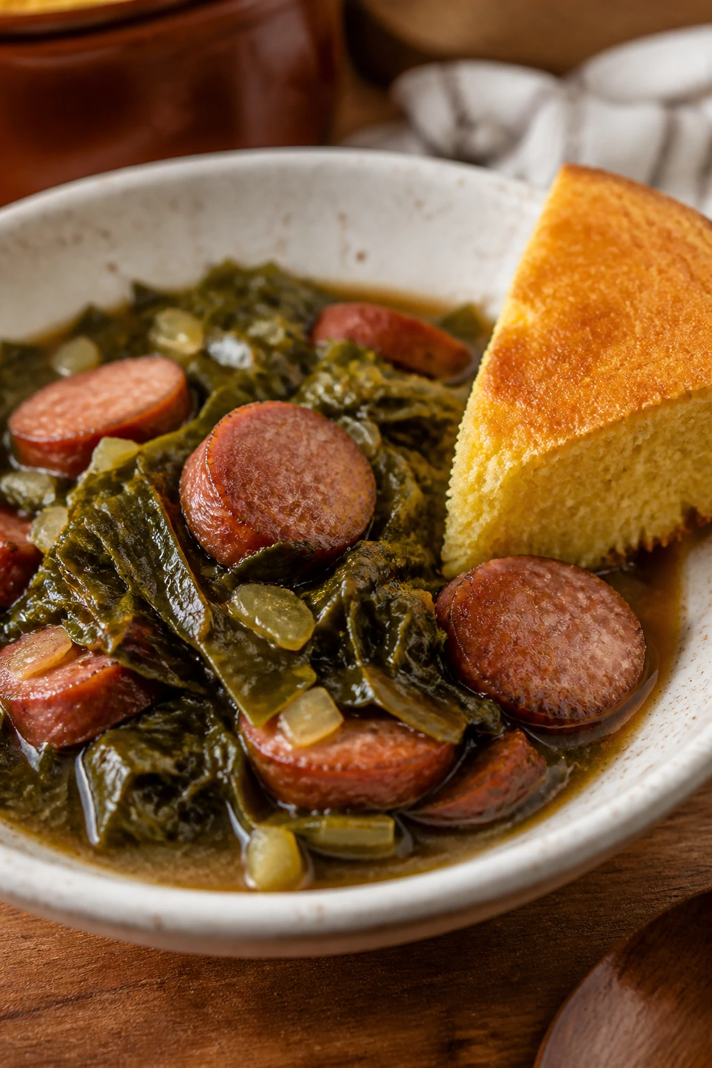 Close-up of smoky sausage with collard greens and cornbread in a rustic Southern kitchen