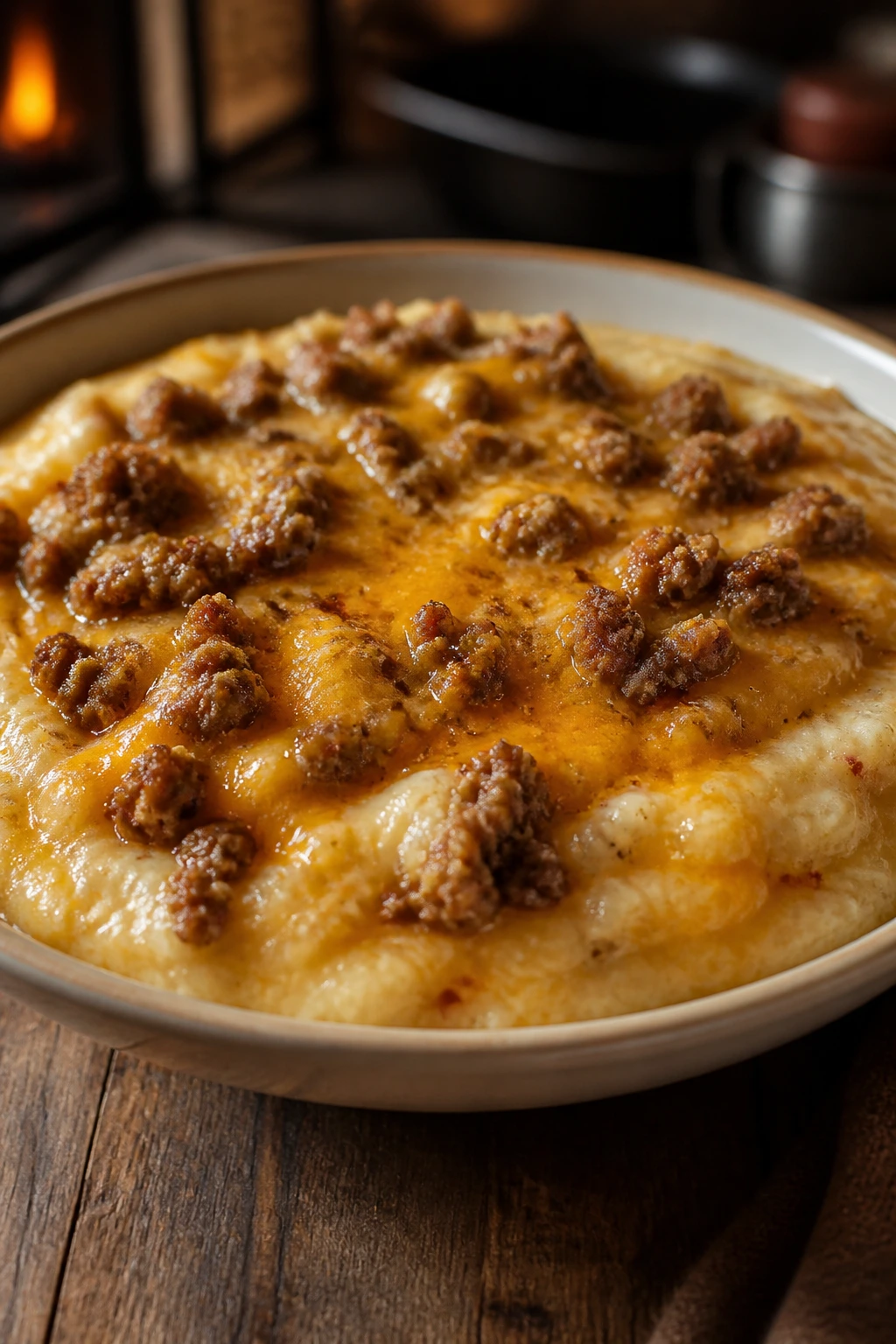Close-up of creamy sausage and cheddar grits in a bowl