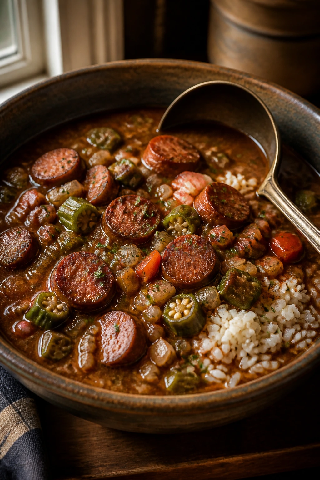 Bowl of gumbo with sausage and okra served over rice in a rustic bowl
