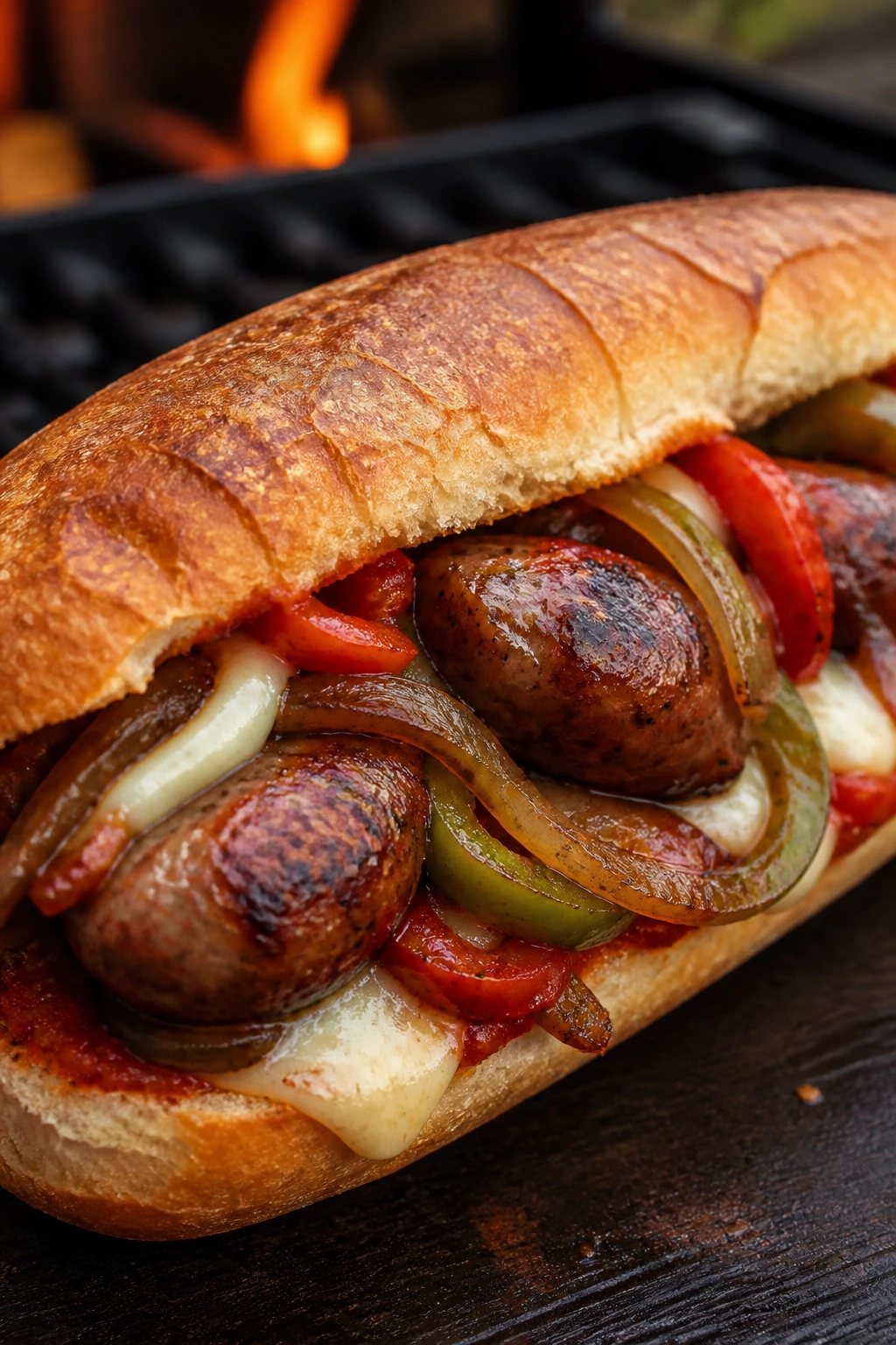 Close-up Grilled Sausage and Pepper Hoagie with peppers and onions