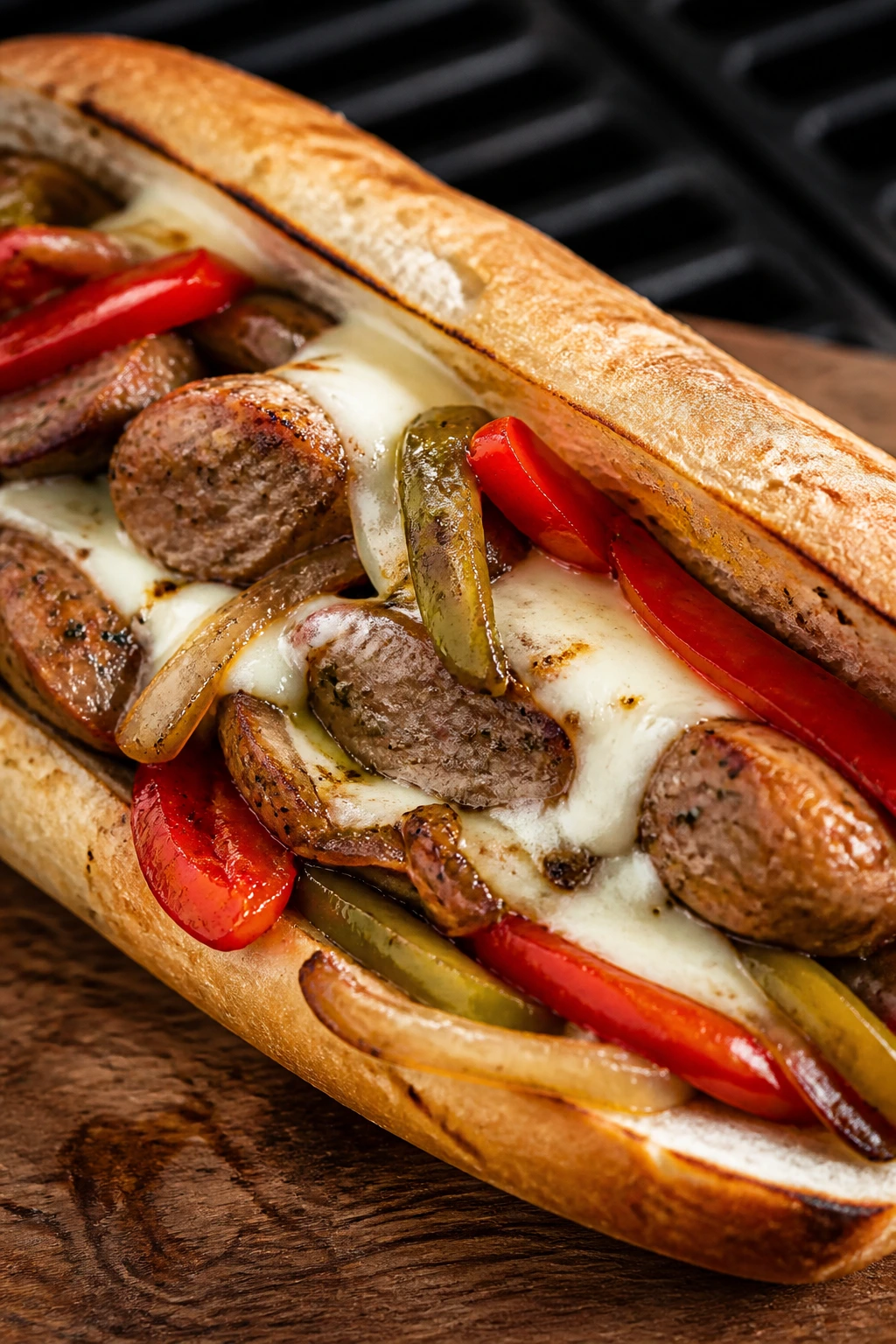 Close-up of Sausage, Peppers, and Mozzarella Hoagie with sausage, peppers, onions, and mozzarella
