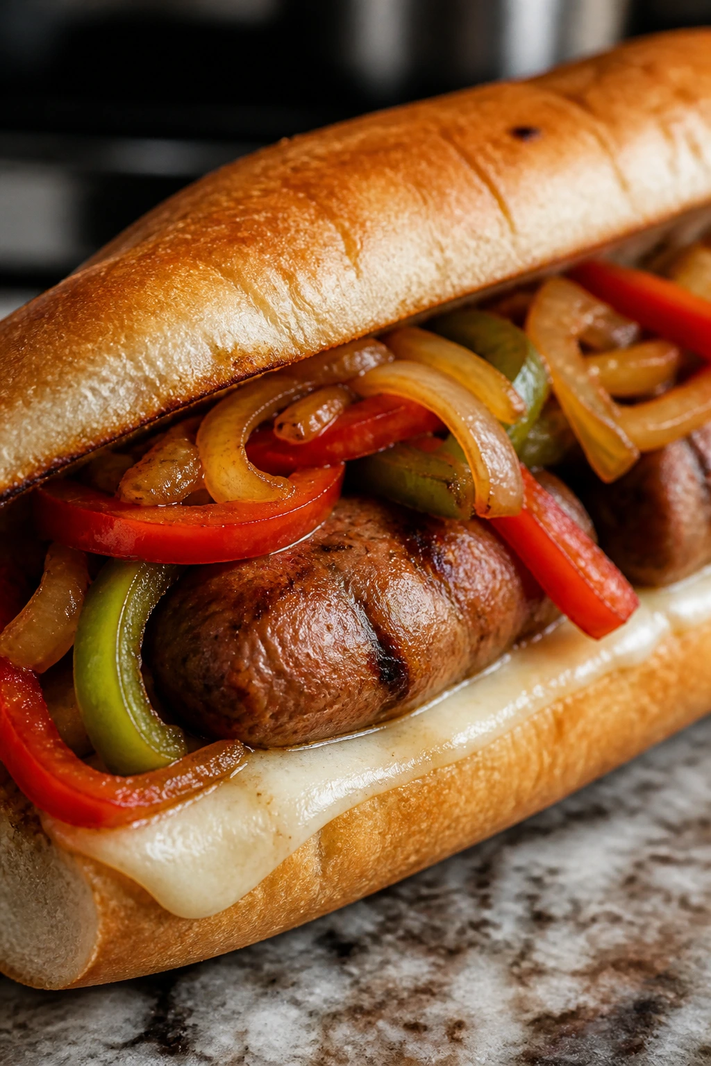 Close-up of sausage and peppers hoagie in a toasted roll