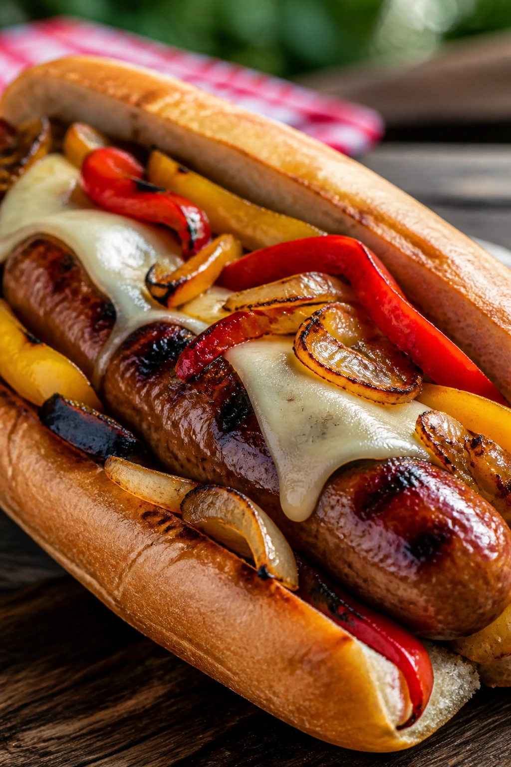 Close-up of grilled sausage and peppers hoagie on a wooden table