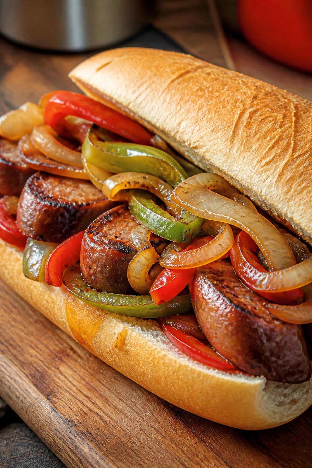 Sausage and peppers hoagie sandwich on wooden board