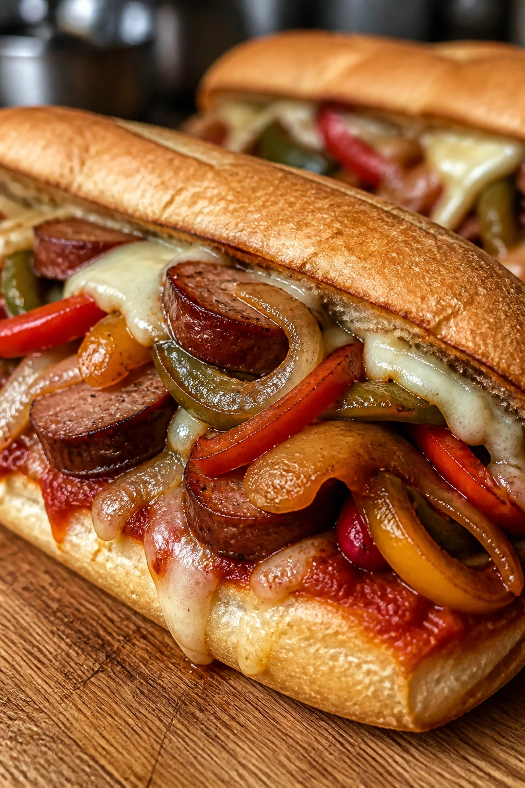 Hot hoagie sandwich with sausage peppers onions and cheese