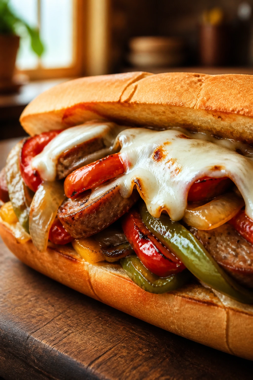Close-up of a loaded sausage and peppers hoagie on a toasted roll with melted provolone