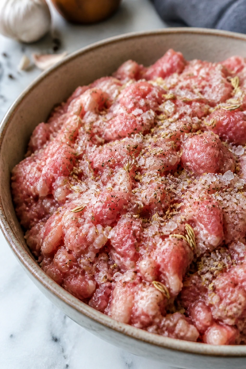 Seasoned sausage mixture in bowl with fennel and salt