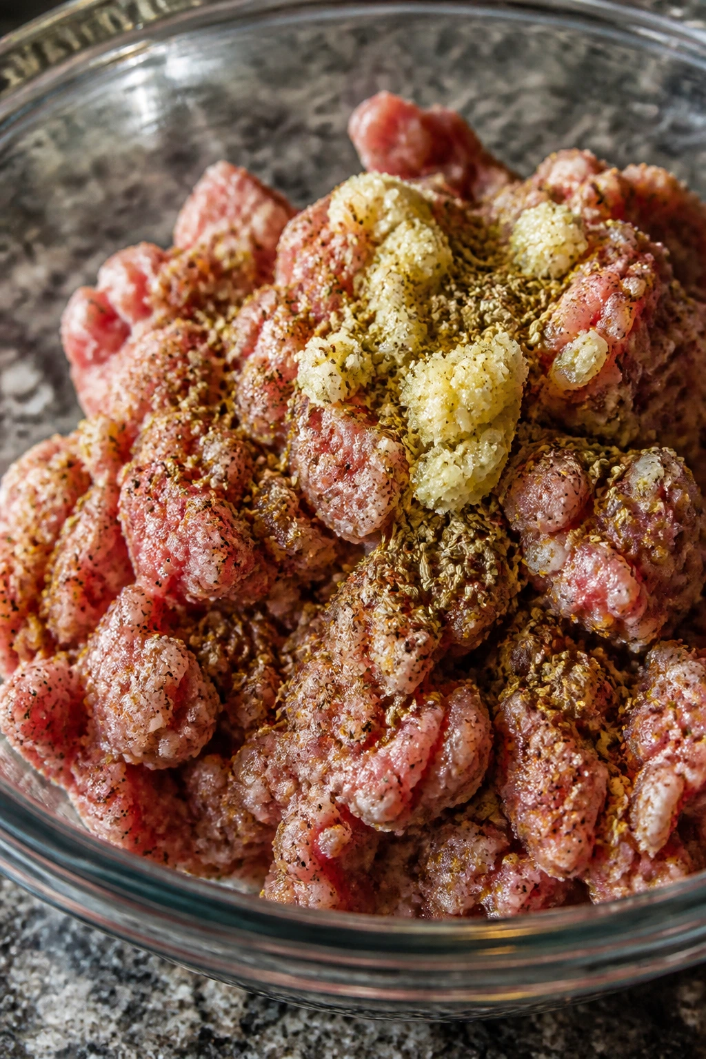 Seasoned pork mixture with fennel and garlic in glass bowl