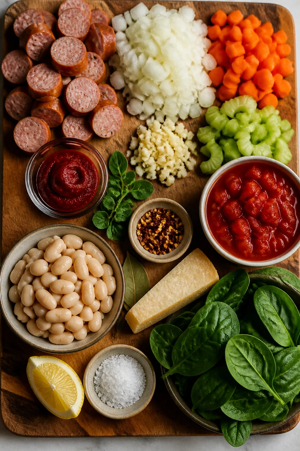 Top-down arrangement of raw sausage, vegetables, tomatoes, beans, and greens for sausage soup