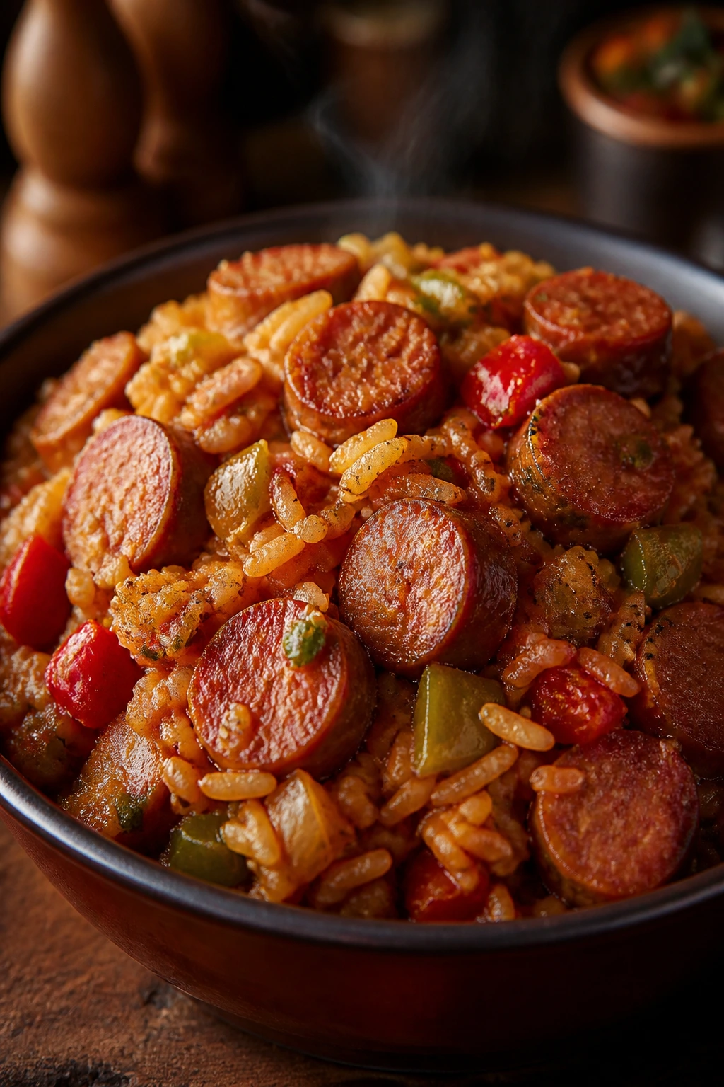Close-up of jambalaya with sausage and vegetables in a bowl