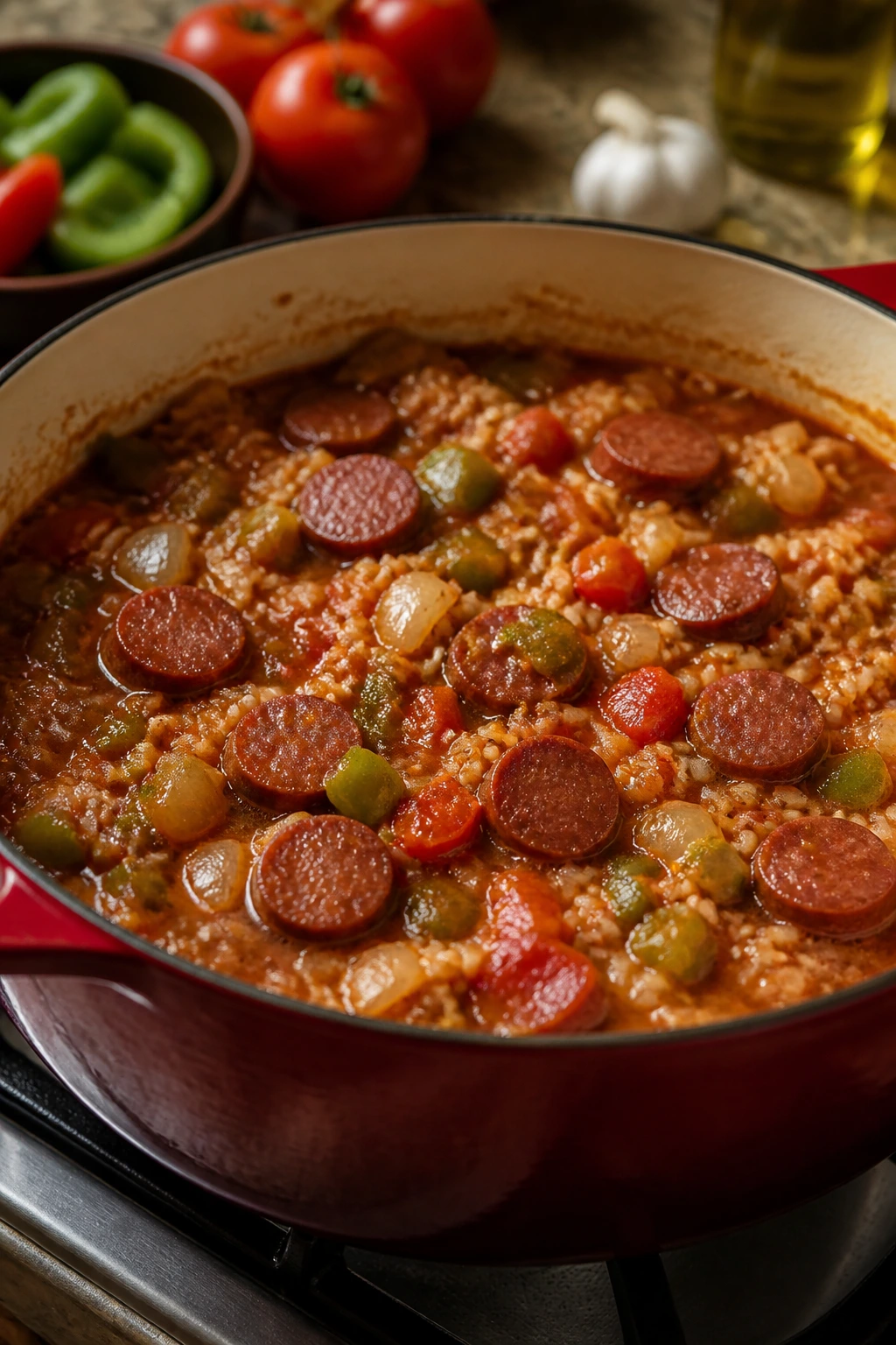 One-pot jambalaya with sausage, rice, and vegetables