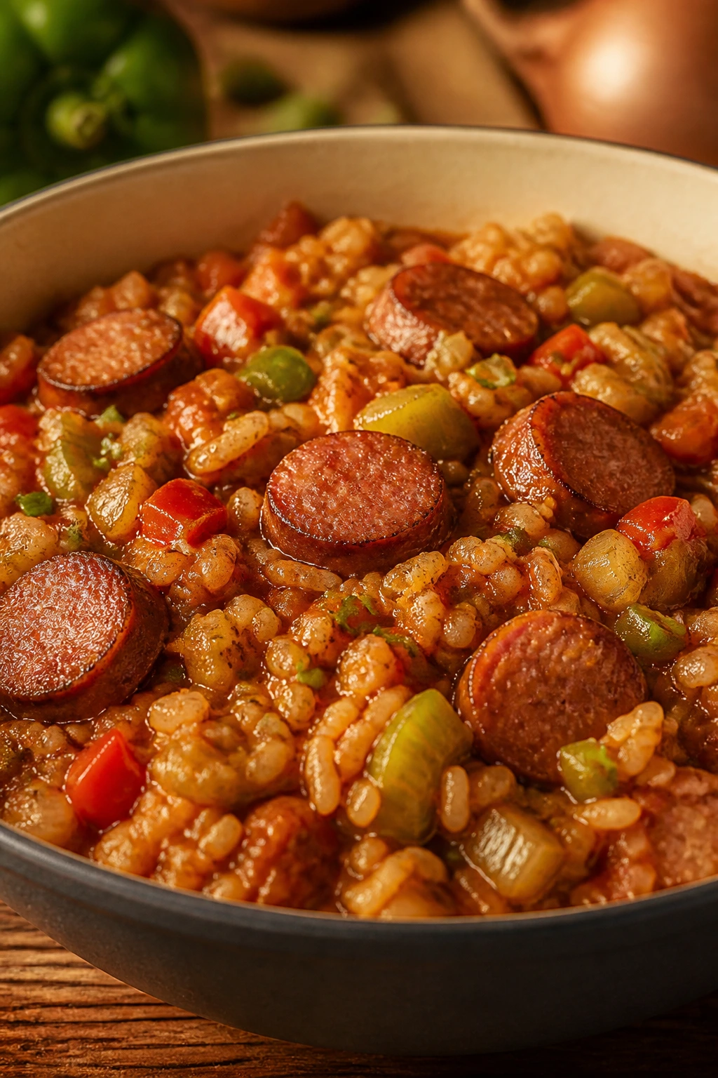 Close-up of jambalaya with sausage and vegetables in a steaming bowl