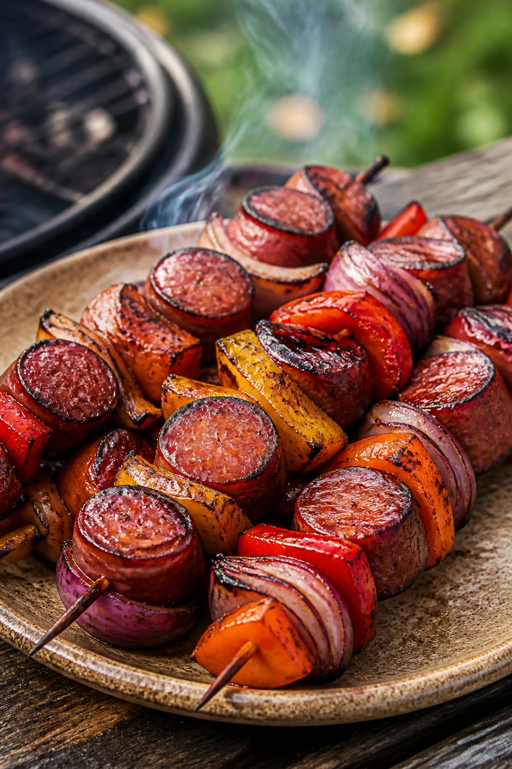 Close-up of smoked sausage kabobs with peppers and onions
