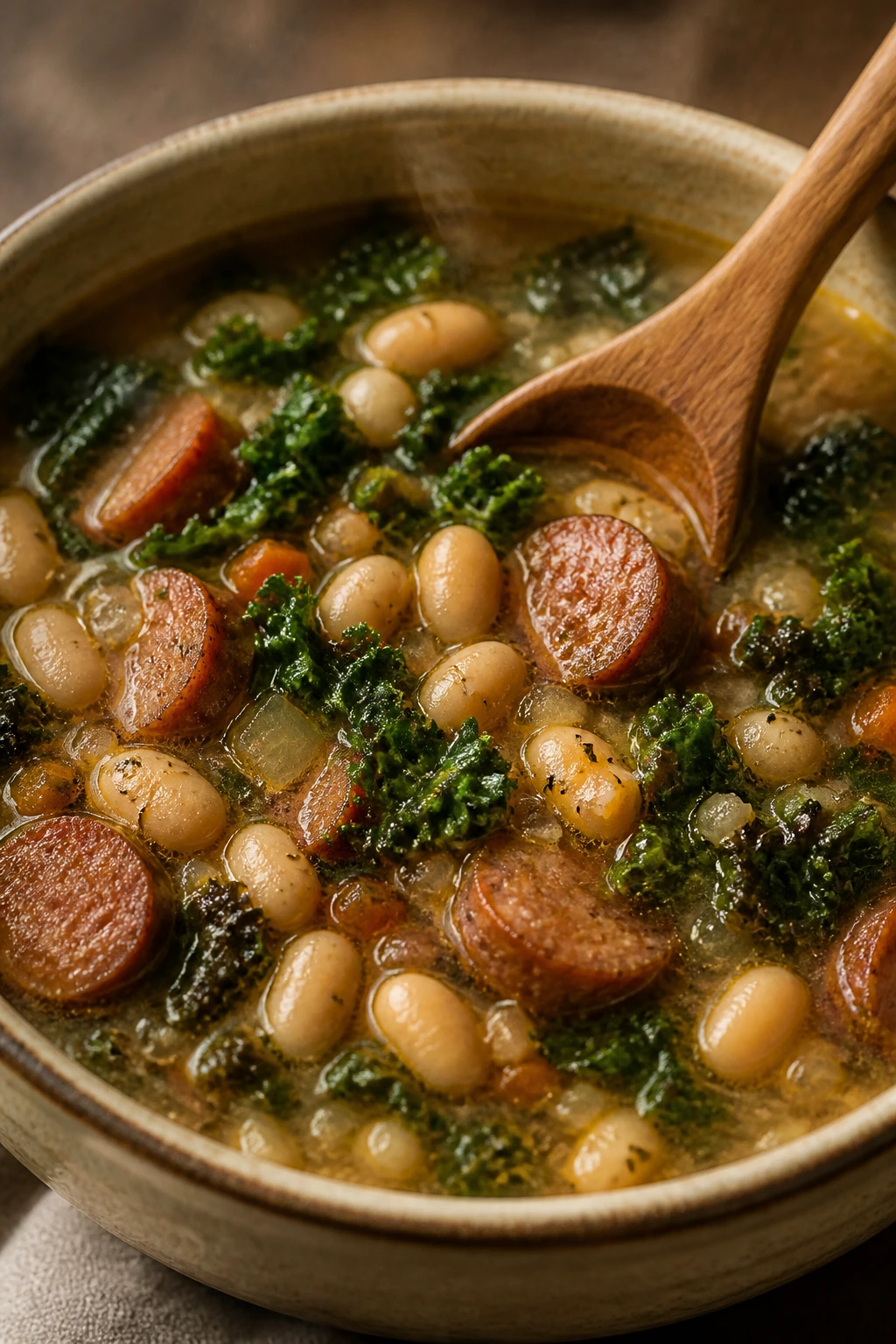 Bowl of sausage kale bean soup with cannellini beans